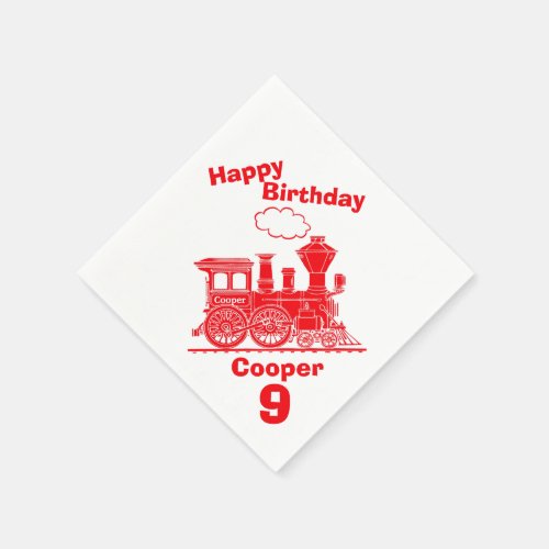 Named red train boys 9th birthday napkins
