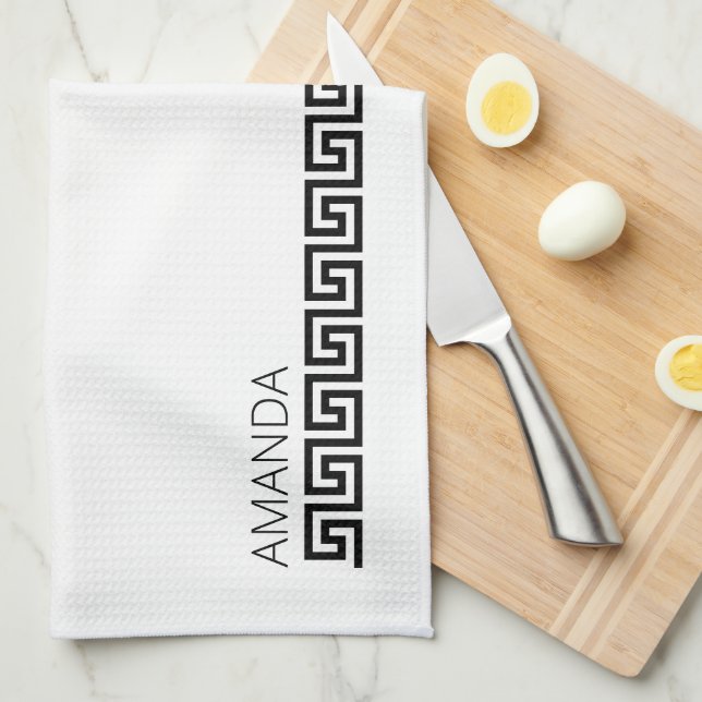 Named Timeless Black White Greek Key Kitchen Towel (Quarter Fold)