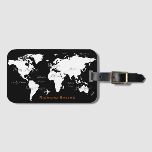 named world map travel black and white luggage tag