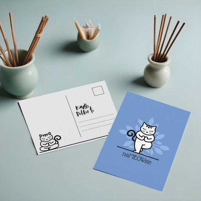 NaMEOWste Cat In a Yoga Meditating Tree Pose Blue Postcard (NaMEOWste Cat In a Yoga Meditating Tree Pose Blue Postcard)