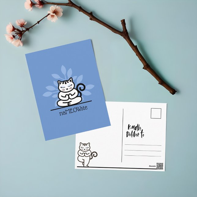 NaMEOWste Cute Cat In a Yoga Meditating Pose Blue Postcard (NaMEOWste Cute Cat In a Yoga Meditating Pose Blue Postcard)