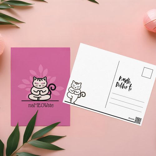 NaMEOWste Cute Cat In a Yoga Meditating Pose Pink Postcard