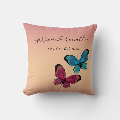 Names and Date Personalized Wedding Gift Rose Gold Throw Pillow