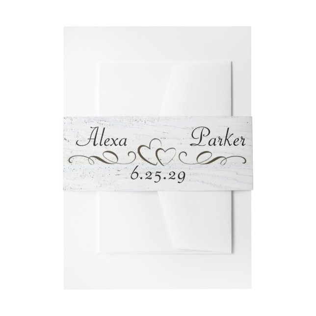 Names and Hearts On White Washed Wood Invitation Belly Band (Front Example)