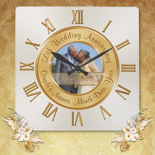 Names and Photo 50 Year Wedding Anniversary Gift Square Wall Clock