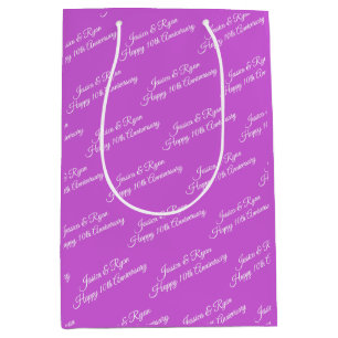 Names, Anniversary Year, White Script, Fuchsia Medium Gift Bag