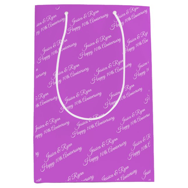Names, Anniversary Year, White Script, Fuchsia Medium Gift Bag (Front)