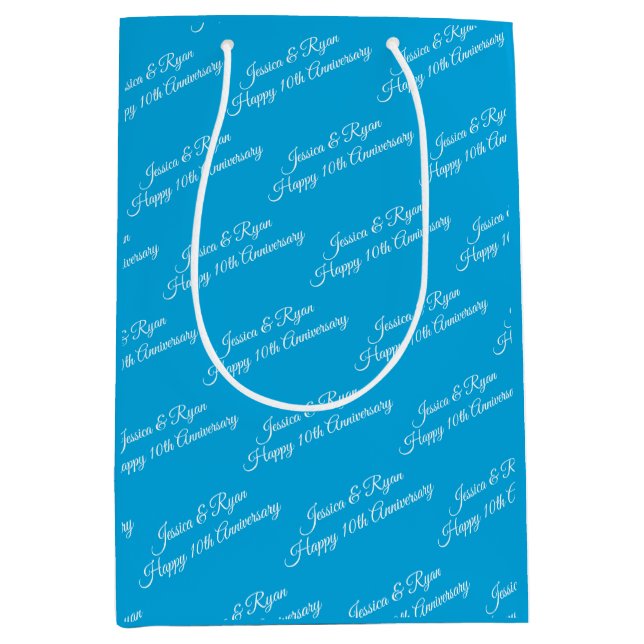 Names, Anniversary Year, White Script, Sky Blue Medium Gift Bag (Front)