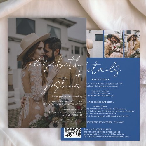 Names calligraphy blue 4 photo all in one wedding invitation