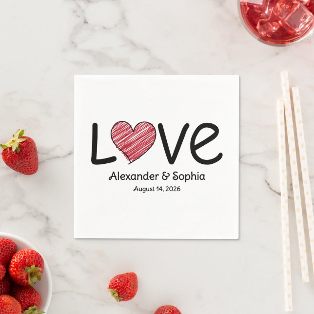 Names & Date Love Scribble Heart Modern Minimalist Napkins (Insitu)
