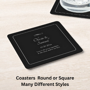 Names Date Message Black White Infinity Scroll, Square Paper Coaster