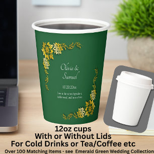 Names Date Message Emerald Green & Gold 12 oz Paper Cups