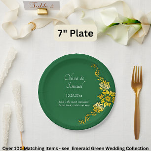 Names Date Message Emerald Green & Gold 7" Paper Plates