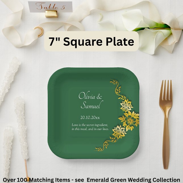 Names Date Message Emerald Green & Gold 7" Square Paper Plates (Creator Uploaded)