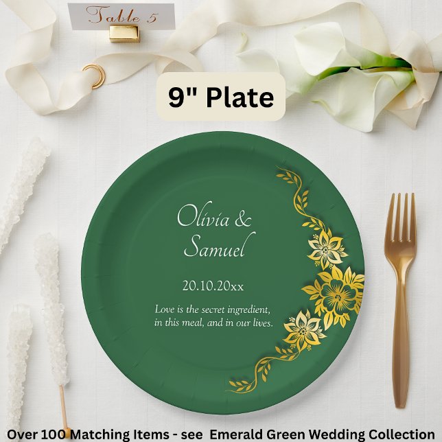 Names Date Message Emerald Green & Gold 9" Paper Plates (Creator Uploaded)