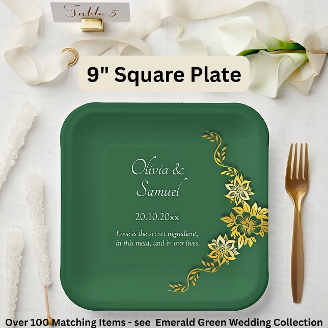 Names Date Message Emerald Green & Gold 9" Square Paper Plates (Creator Uploaded)
