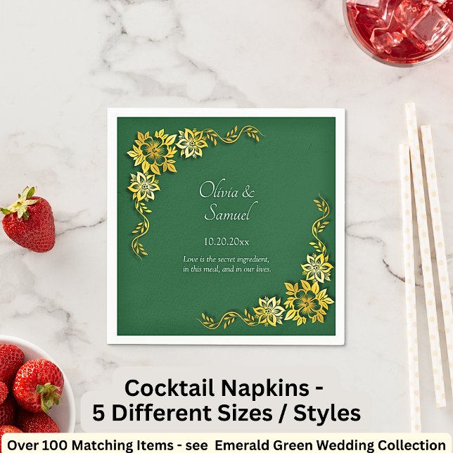 Names Date Message Emerald Green & Gold Cocktail Napkins (Creator Uploaded)