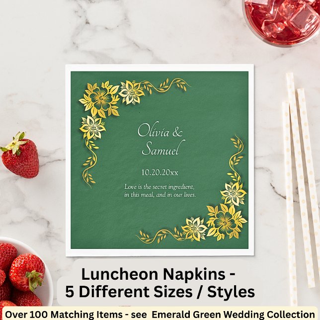 Names Date Message Emerald Green & Gold Luncheon Napkins (Creator Uploaded)