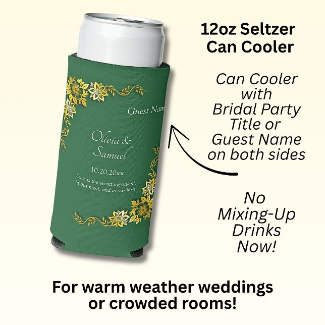 Names Date Message Emerald Green & Gold  Seltzer Can Cooler (Creator Uploaded)