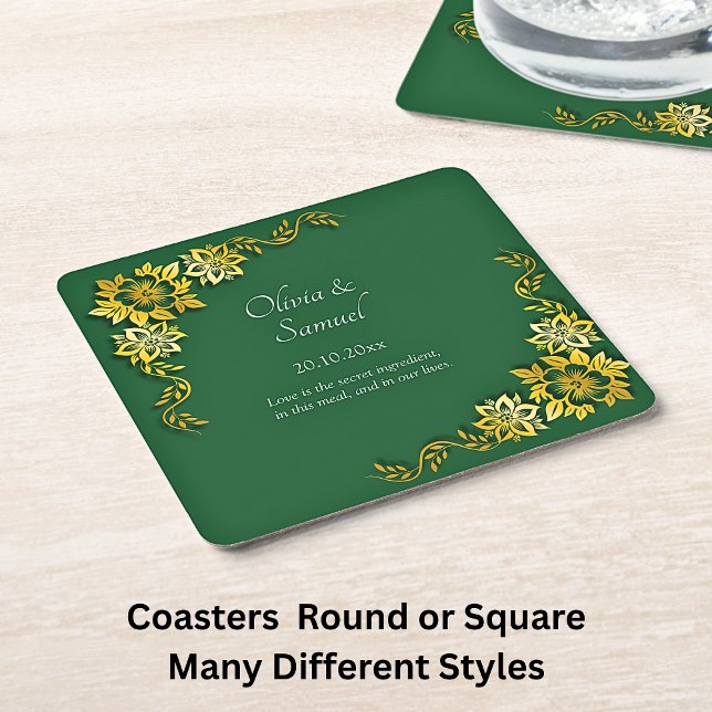 Names Date Message Emerald Green & Gold  Square Paper Coaster (Creator Uploaded)