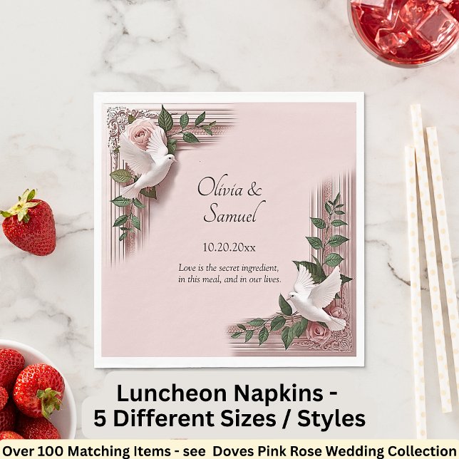 Names Date Message Pink Roses & Doves Luncheon Napkins (Creator Uploaded)