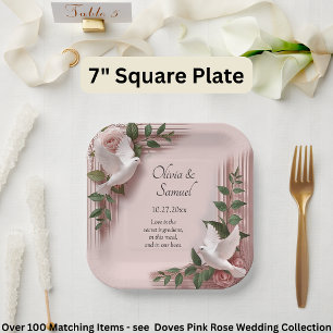 Names Date Message Pink Roses & Doves Wedding 7" Paper Plates