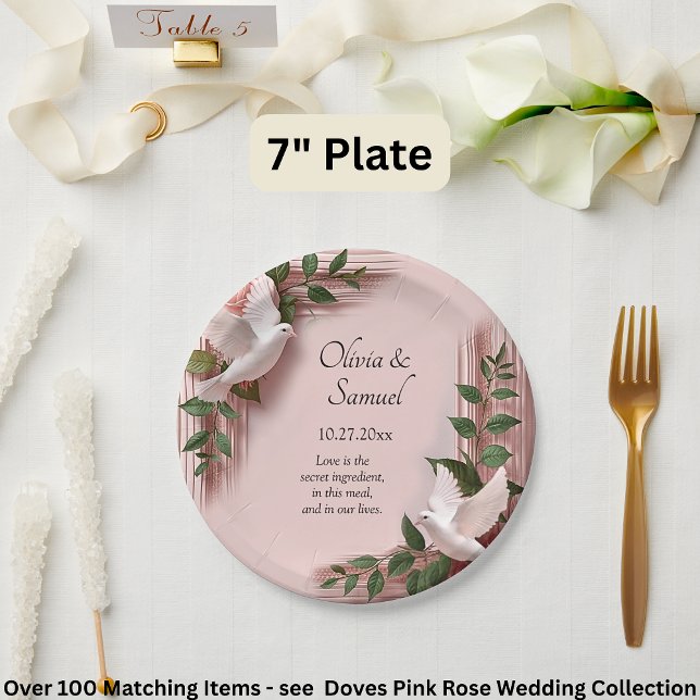 Names Date Message Pink Roses & Doves Wedding 7" Paper Plates (Creator Uploaded)