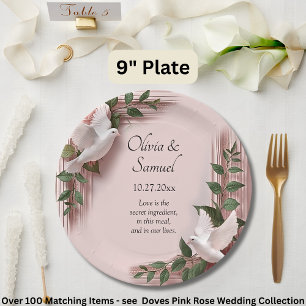Names Date Message Pink Roses & Doves Wedding 9" Paper Plates