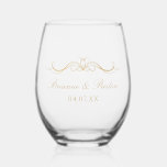 Names Date Modern Elegant Gold Script Wedding Gift Stemless Wine Glass