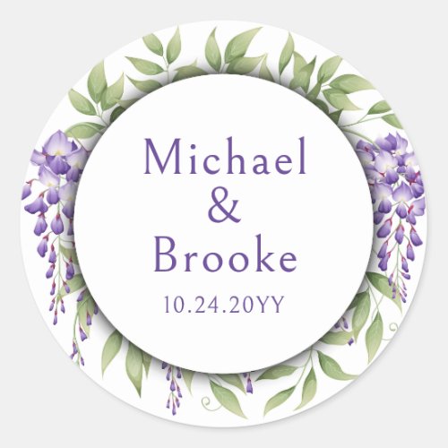 Names Elegant Purple Wisteria Floral Wedding Classic Round Sticker