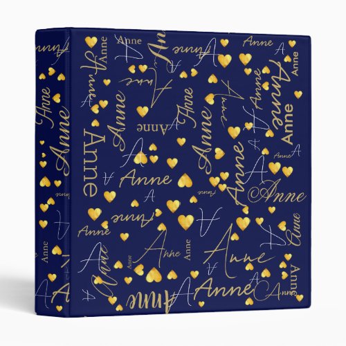 Names Gold Hearts all over Navy Blue Typography 3 Ring Binder