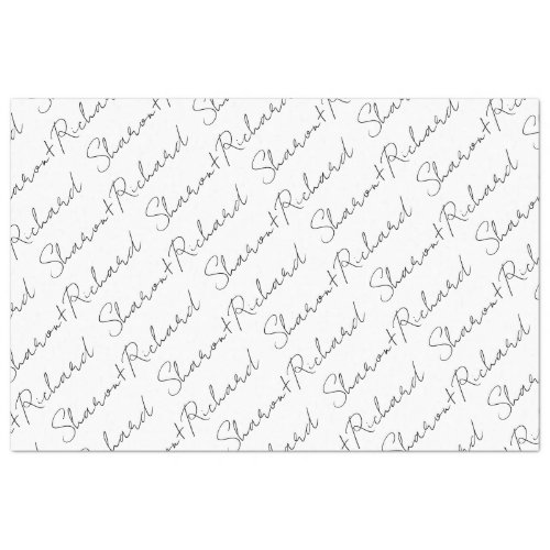 Names in black white script calligraphy wedding tissue paper