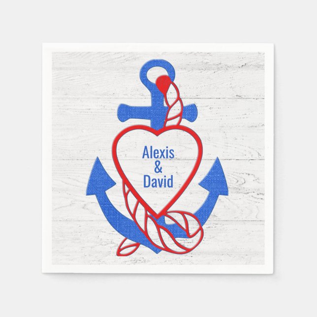 Names In Heart Anchor On Whitewashed Wood Napkins (Front)