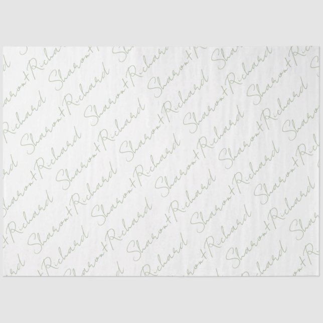 Names in sage green script calligraphy wedding tissue paper (Front)