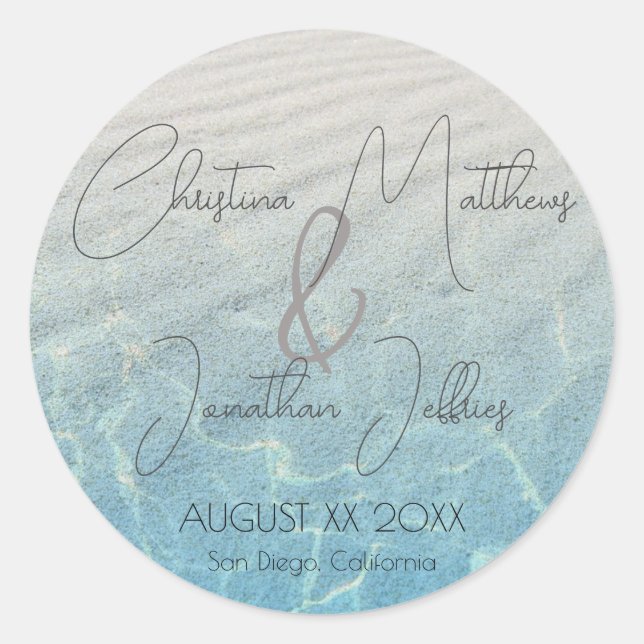 Names in the Sand Beach Wedding Classic Round Sticker (Front)