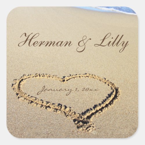 Names In The Sand Personal Square Wedding Sticker