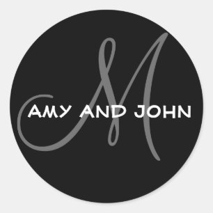 Names & Initial Monogram Wedding Sticker Black