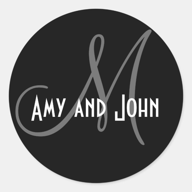 Names & Initial Monogram Wedding Sticker Black (Front)