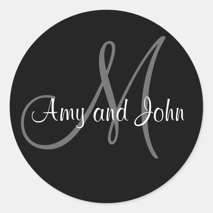 Names & Initial Monogram Wedding Sticker Black 