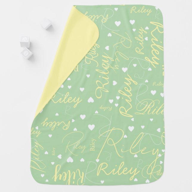 Names Initials and Hearts pale green and yellow Baby Blanket (In Situ)