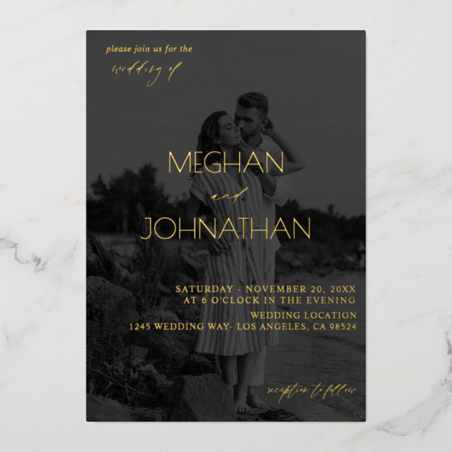 Names Modern Photo Black & Whit 6 Vertical Wedding Foil Invitation (Front)