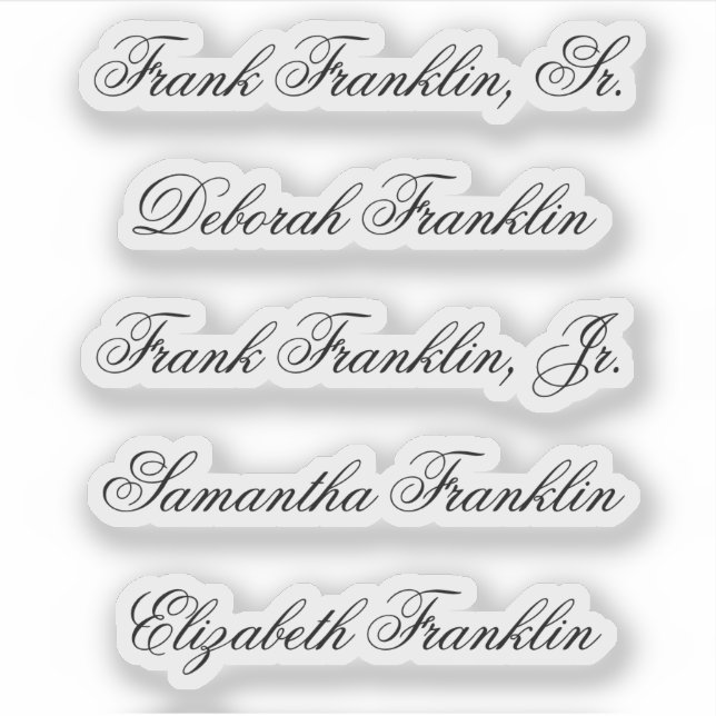 Names of Five Guests in Fancy Script Calligraphy Sticker (Front)