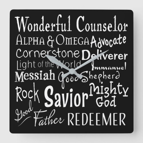 Names of God from the Bible in Black and White Square Wall Clock