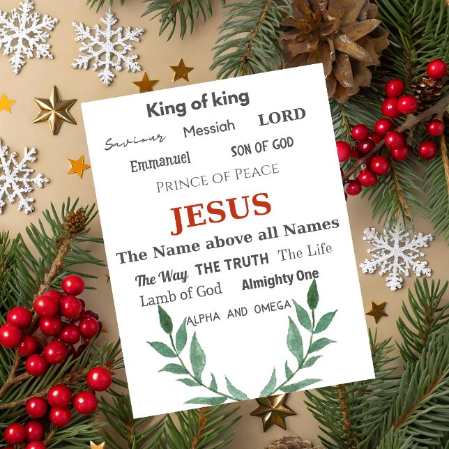 Names of Jesus Typography Christmas Greeting Card (Christmas greeting card with black typography Jesus Names of All Names on white background.)