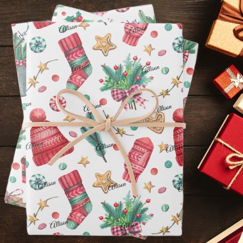 Names Red  Green 19x29 Christmas 3 Wrapping Paper Sheets