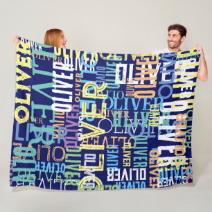 Names Replicated Color Pattern Typography on Blue Fleece Blanket
