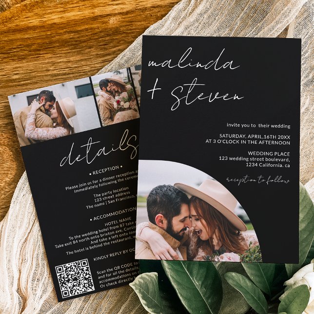 Names script arch black 4 photo all in one wedding invitation (Creator Uploaded)