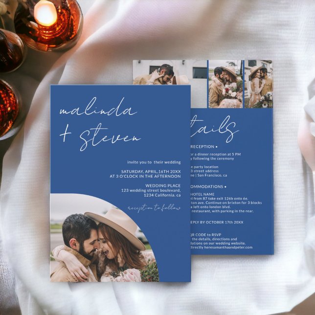 Names script arch blue 4 photo all in 1 wedding invitation (Names script arch blue 4 photo all in 1 wedding invitation)