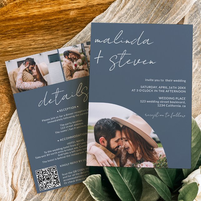 Names script arch blue 4 photo all in one wedding invitation (Creator Uploaded)