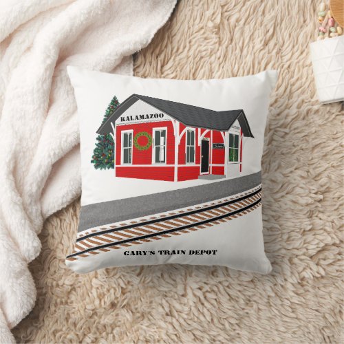 Names Train Depot City Christmas Square Cotton Throw Pillow